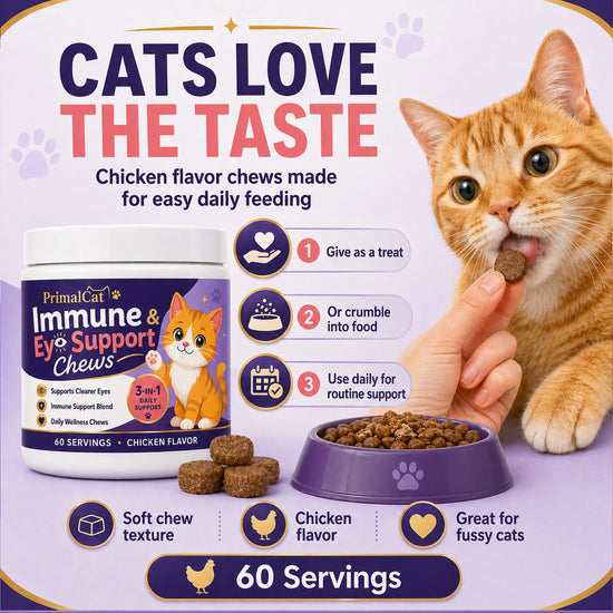 PrimalCat Immune & Eye Support, Chicken Flavor Upgraded Primal Cat Immune Chews, Cat Food, Supports Healthy Eyes and Immune Function 60 Chews (1 Pcs)
