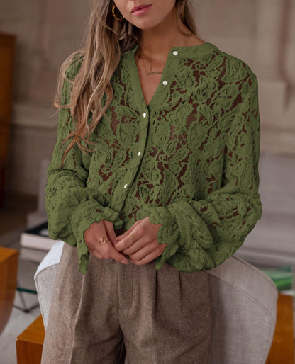 PRETTYGARDEN shirt — lace long sleeve button up blouse for women in spring and fall fashion