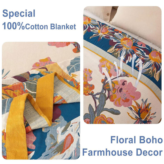 Boho throw blanket — 100% cotton reversible lightweight design for all seasons