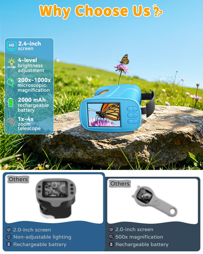 Microscope for Kids, 4K 2.4" IPS Screen 1000X Handheld Portable Digital Microscope, 2000mAh Battery Kids Outdoor Toys STEM Educational Science Kit with 12 Slides, Gift for Boys Girls Ages 4-12