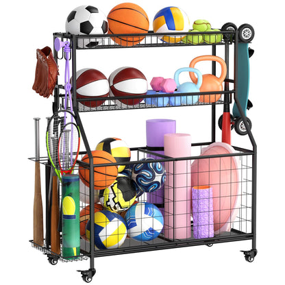 Sports equipment storage rack — heavy duty design with rolling cart and hooks