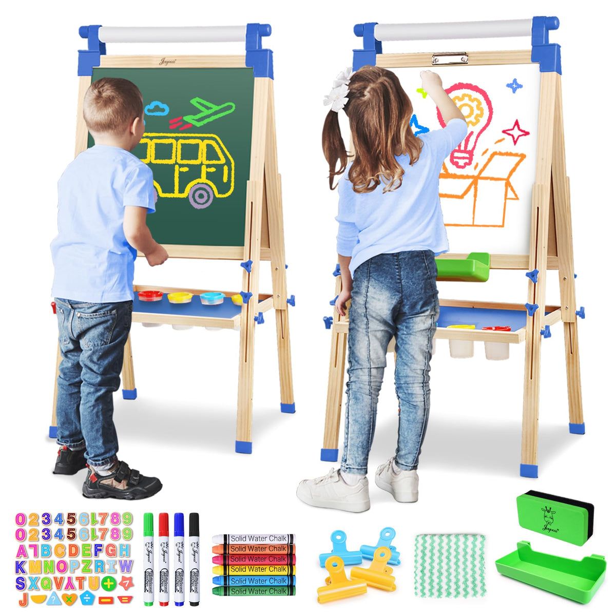 JOYOOSS Kids Wooden Easel - Adjustable double sided drawing board with paper roll for ages 4-12