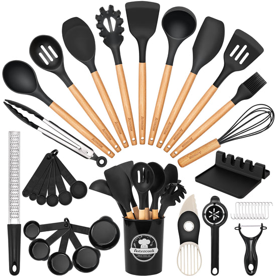 Food spatula — 39 piece silicone cooking utensils set with wooden handle by Astercook