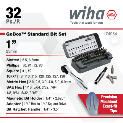 Wiha fastener drive bit set with mini ratchet and 32 pieces in GoBox