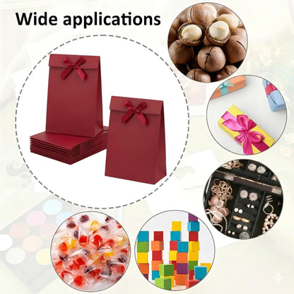 Viongna 12Pcs Kraft Paper Bags with Handles Paper Gift Bags Stand Up Gift Bag with Bow Tie Gift Bag for Candy Cookies Packaging Wedding Christmas Party Red 5.5"x2.8"x7.9"