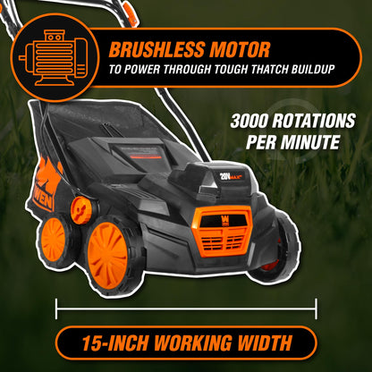 Wen 20V Max Cordless 15-Inch 2-in-1 Brushless Electric Dethatcher and Scarifier with Collection Bag