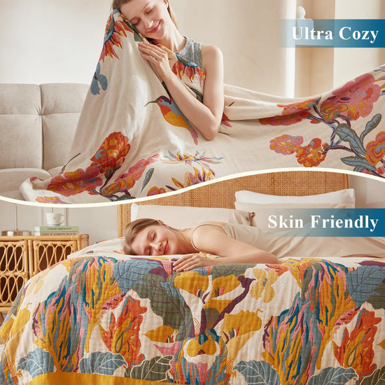 Boho throw blanket — 100% cotton reversible lightweight design for all seasons
