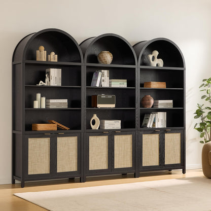 SICOTAS shelf — Arched cabinet bookshelf with doors and rattan accents 84.2 tall