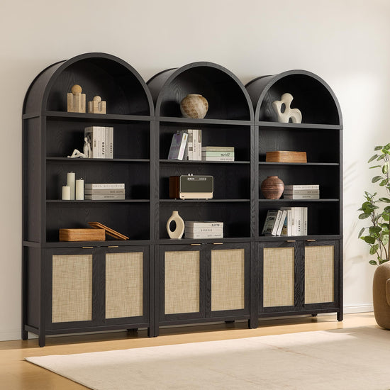 SICOTAS shelf — Arched cabinet bookshelf with doors and rattan accents 84.2 tall