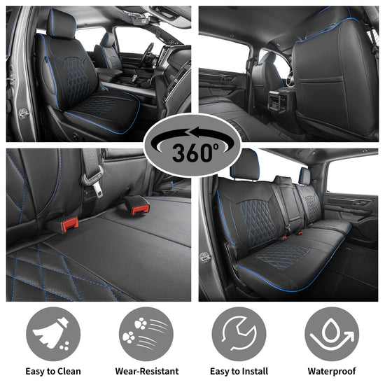 EKR vehicle seat cover — custom fit waterproof black faux leather for RAM 1500 Quad Cab 2019-2024