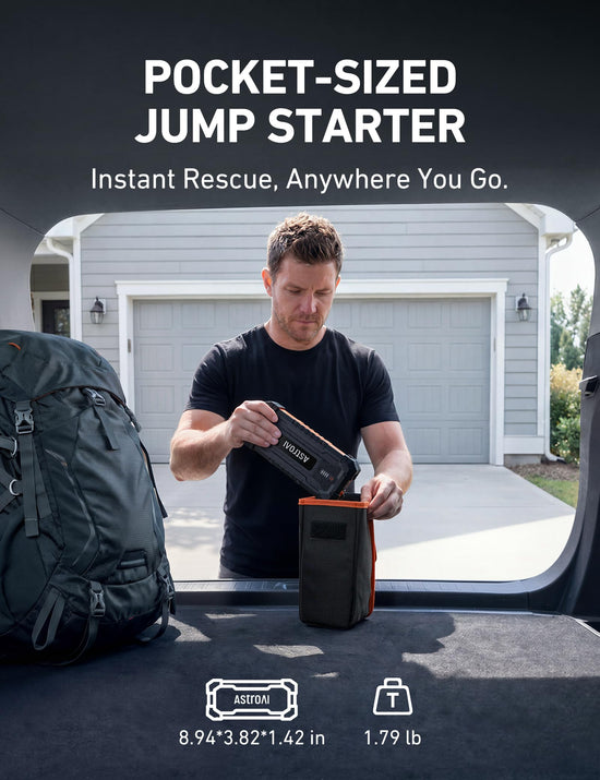 AstroAI jump starter — 1500A portable lithium power bank with flashlight and cables