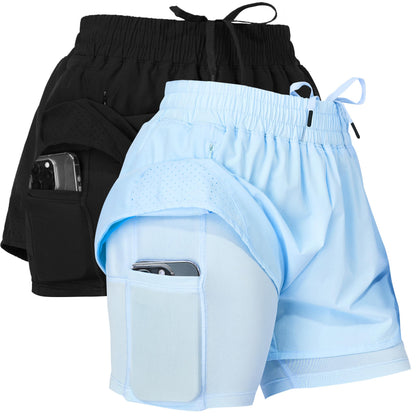Womens running shorts — nylon compression with liner, pack of 2