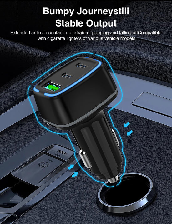 QZVOO 75W USB C Car Charger, 3-Port Super Fast Charging PD 3.0 & QC 3.0 Cigarette Lighter Adapter for iPhone 17/16/15 Pro Max, Samsung Galaxy S26/S25/S24 Ultra, with 4Pack 3FT+6.6FT Type C Cable