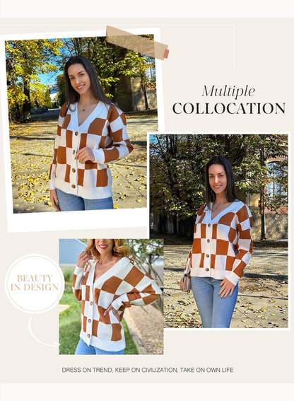 Dokotoo sweater — Plaid v neck oversized cardigan with buttons and long sleeves