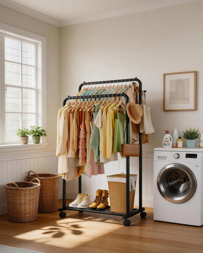 Sakugi clothes rack — Double rods with mesh shelf and wheels for laundry use