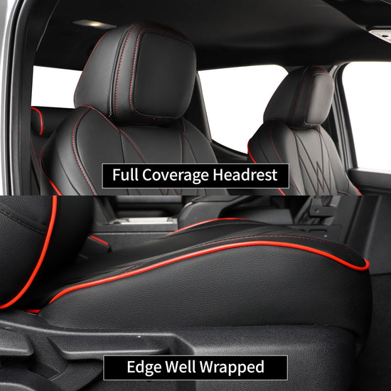 EKR Tacoma car seat covers - Custom fit faux leather in black with red trim