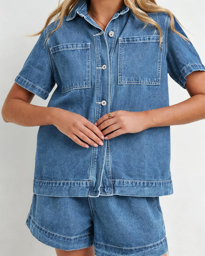 Kedera coordinated outfit — summer denim set with short sleeve boxy shirt and shorts pants