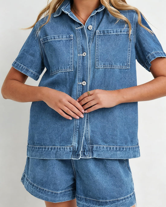 Kedera coordinated outfit — summer denim set with short sleeve boxy shirt and shorts pants