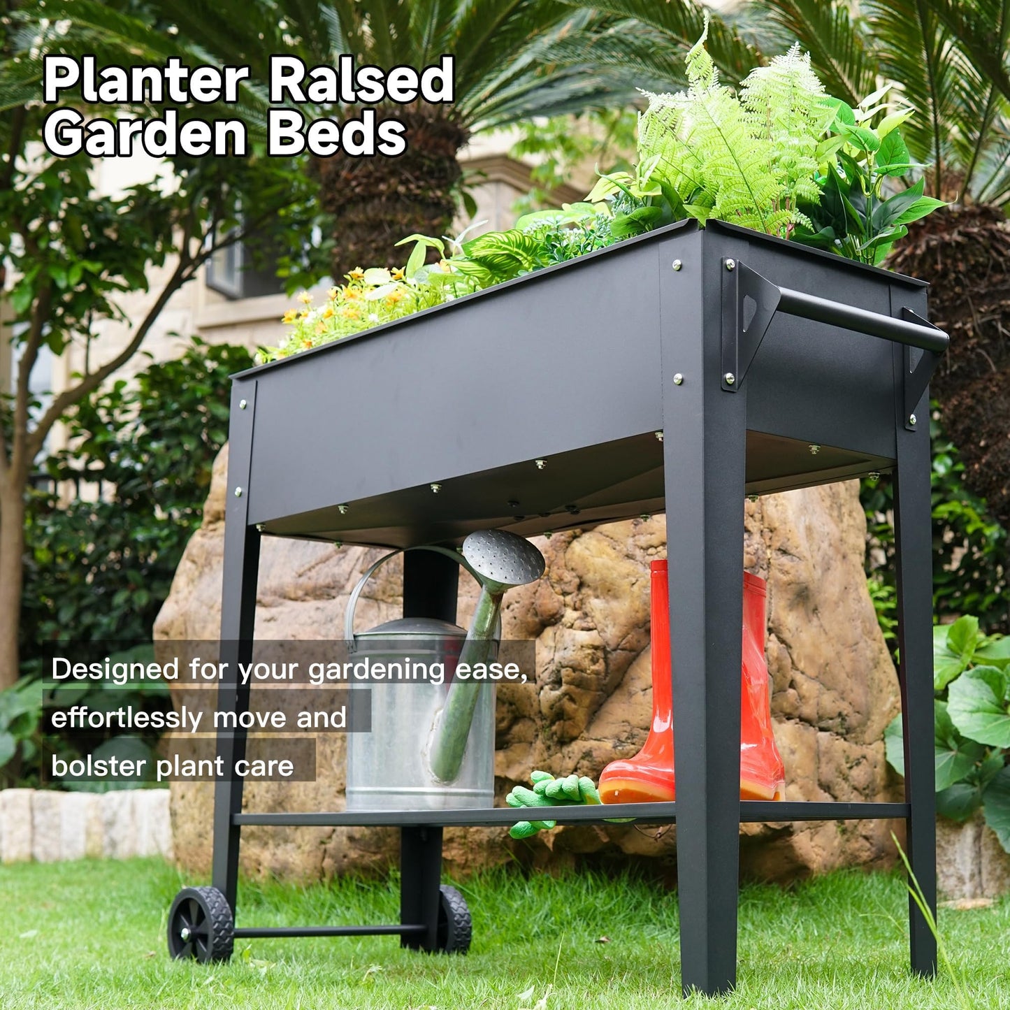 32" Raised Garden Bed with Wheels & Storage Shelf — 400 lbs Capacity