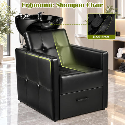 Shampoo Bowl Chair Set for Salon, Black Backwash Station with Drawer