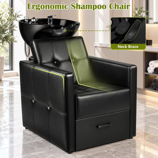 Shampoo Bowl Chair Set for Salon, Black Backwash Station with Drawer