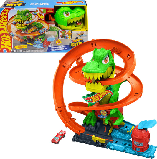 Hot Wheels toy vehicle set — City T-Rex blaze battle with spinning dinosaur eyes