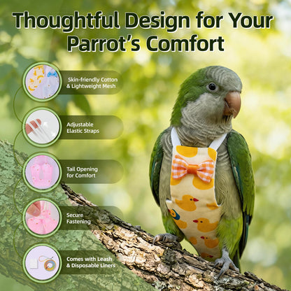 9 Pcs Reusable Bird Diaper, Cute Parrot Flight Suit with Leash & Diaper Pads, Washable Bird Nappy Clothes with Adjustable Straps for Cockatiel, Sun Conure, Green Cheek & Medium Parrots(Size M)