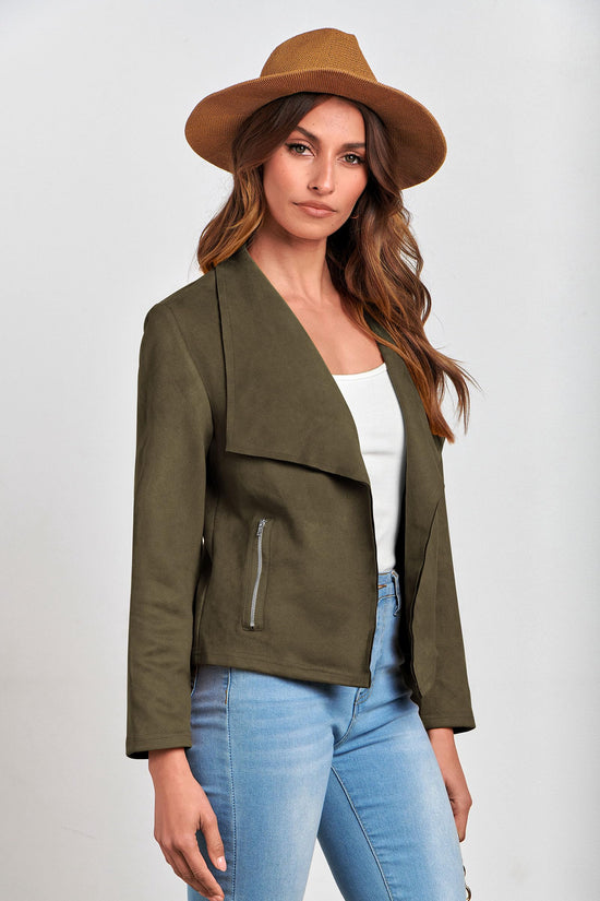 PRETTYGARDEN faux suede cropped coat with open front design