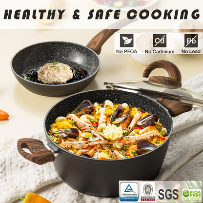 Vkoocy cookware set — Nonstick induction with granite stone finish and wood handle