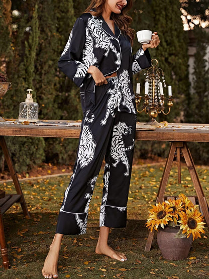 Brosloth women's silk satin pajamas with lace pattern in black