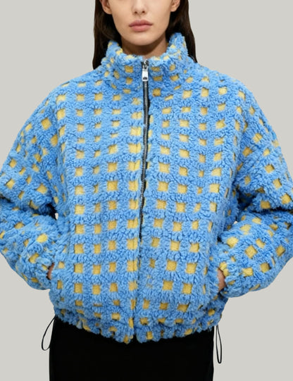 Esmeling cropped sherpa fleece coat with plaid design and long sleeves