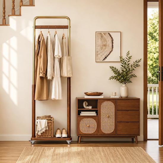 Taitiy clothes rack — Solid wood and metal combination with wheels for easy mobility