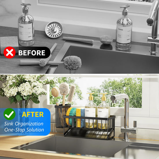 Cisily kitchen sink caddy with high brush holder and sponge holder for sink