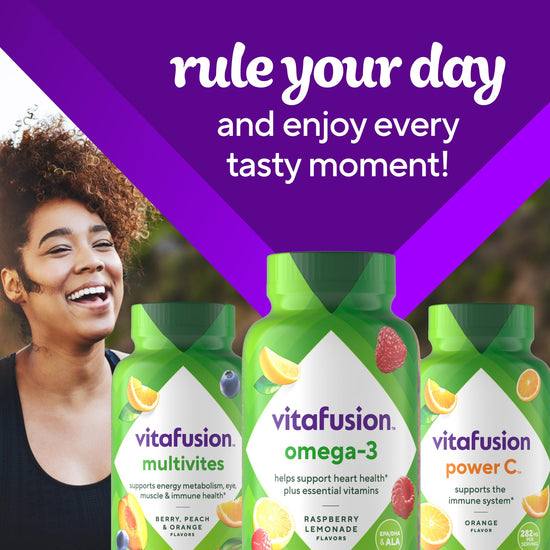 Vitafusion Omega-3 gummy vitamins - Berry lemonade flavor with EPA/DHA and vitamins A, C, D, E, 120 count.