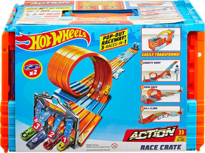 Hot Wheels toy vehicle set — race crate with stunts and portable storage track 8+ feet long