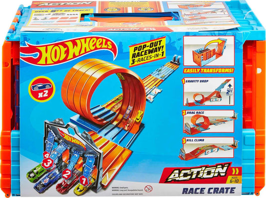 Hot Wheels toy vehicle set — race crate with stunts and portable storage track 8+ feet long
