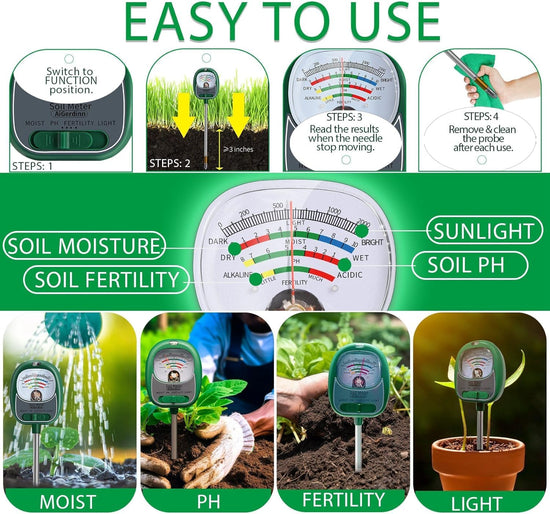 AiGerdinn soil moisture meter - 4-in-1 soil tester for plants and garden use.