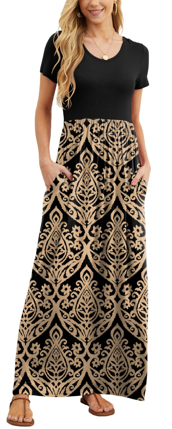 GRECERELLE summer maxi dress with pockets and short sleeves, size S-3XL
