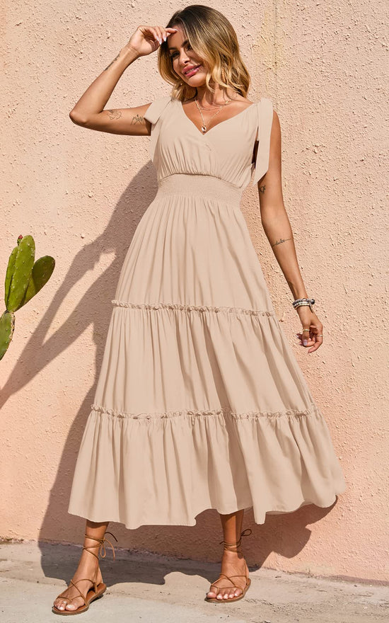 Dress — Cross neck sleeveless maxi dress with tie straps and smocked bodice