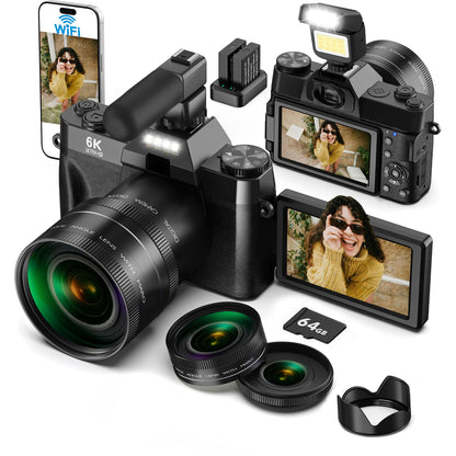 Yatao 6K WiFi Flip Screen Digital Camera, Mic & Fill Light for Photography