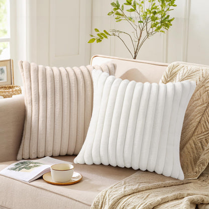 Pallene decorative pillow covers — luxury soft fluffy striped design 18x18 set of 2 cream white