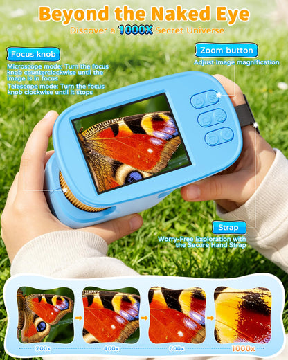 Microscope for Kids, 4K 2.4" IPS Screen 1000X Handheld Portable Digital Microscope, 2000mAh Battery Kids Outdoor Toys STEM Educational Science Kit with 12 Slides, Gift for Boys Girls Ages 4-12