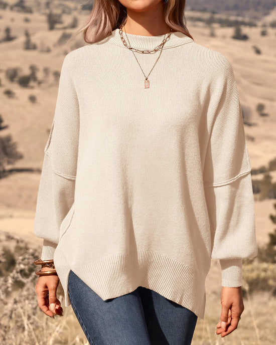 Sweater — Women's oversized chunky knit pullover with side slit