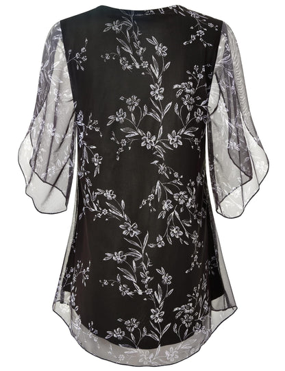 SeSe Code tunic — Ruffle 3/4 sleeve mesh design with loose flowy fit and stretchy fabric