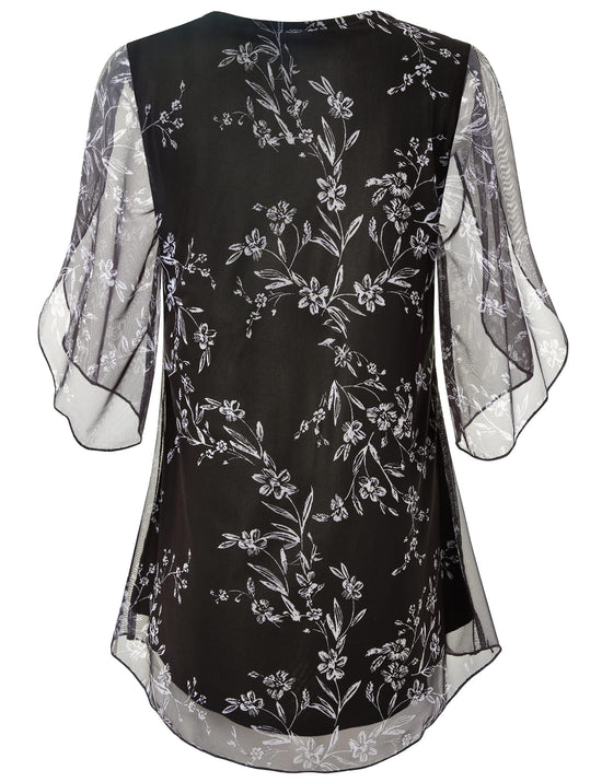 SeSe Code tunic — Ruffle 3/4 sleeve mesh design with loose flowy fit and stretchy fabric