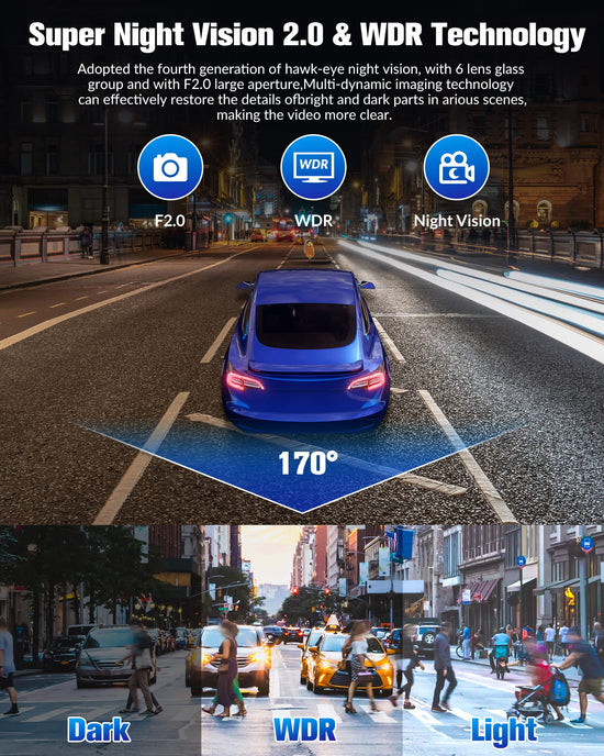 Dash camera - 4K UHD with night vision and 170° wide angle.