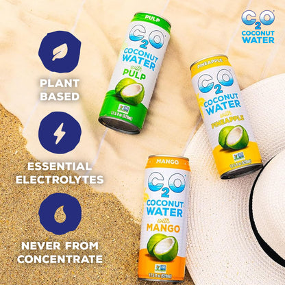 Coconut water — refreshing drink in cans.