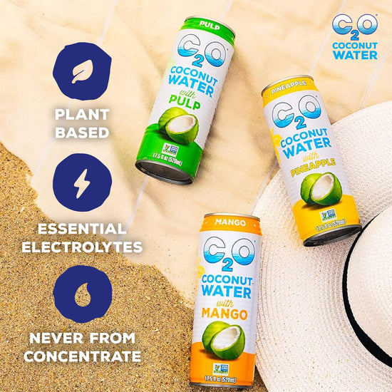 Coconut water — refreshing drink in cans.