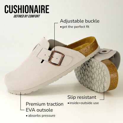 CUSHIONAIRE Hana clogs — Comfortable vegan suede with cork footbed and arch support