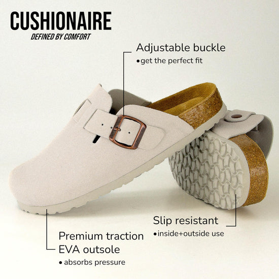 CUSHIONAIRE Hana clogs — Comfortable vegan suede with cork footbed and arch support